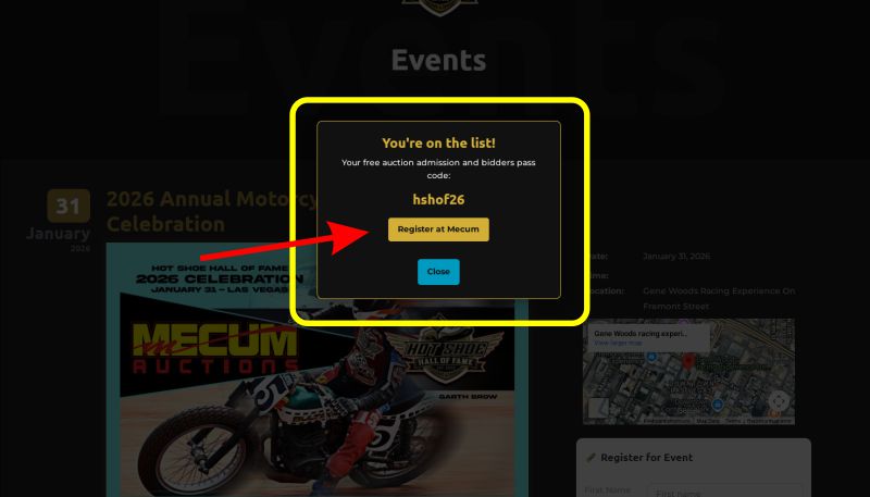 Screenshot showing the Register at Mecum button