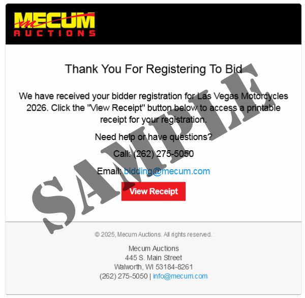 Screenshot example of a Mecum confirmation email