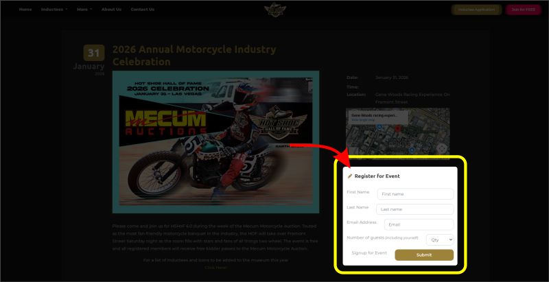 Screenshot of the banquet registration form being filled out